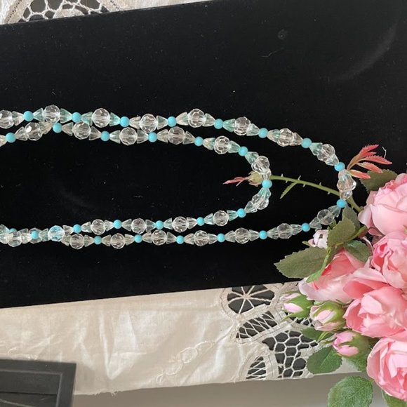 1970s Boho Clear Crystal and Blue Bead Long Necklace - Picture 5 of 10